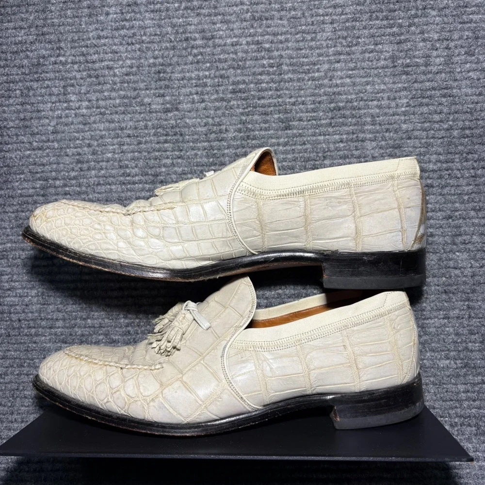 Vintage Ruben Morris Alligator Tassel Loafers Mens 9.5 D White Exotic Skin Shoes